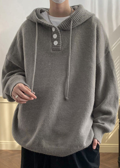Simple Grey Hooded Button Knit Sweaters Winter