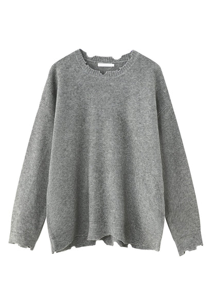 Simple Grey O Neck Hole Knit Sweaters Spring