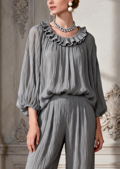 Simple Grey O Neck Ruffled Two Pieces Set Spring