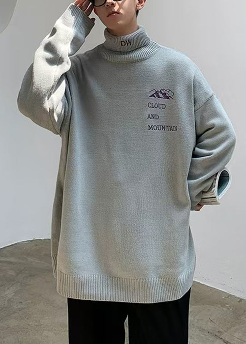 Simple Grey Turtleneck Letter Knit Sweaters Winter