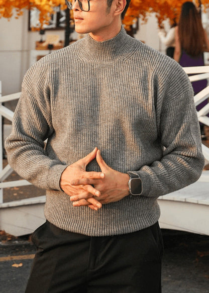 Simple Grey Turtleneck Knit Sweater Tops Fall
