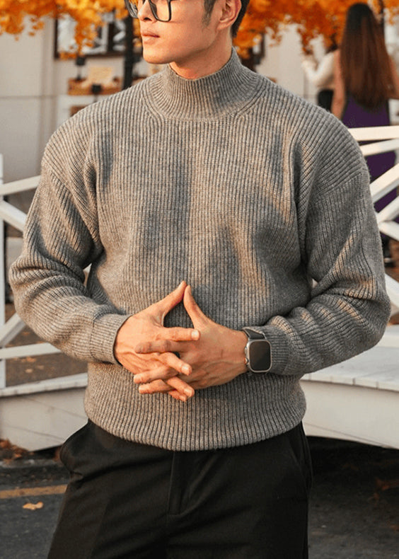Simple Grey Turtleneck Knit Sweater Tops Fall