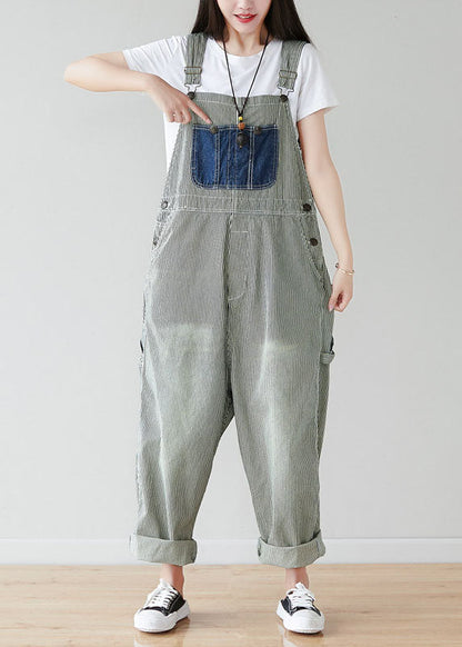 Simple Grey Pockets Patchwork Striped Jumpsuits Spring