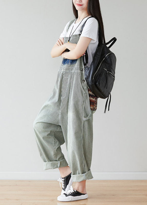 Simple Grey Pockets Patchwork Striped Jumpsuits Spring