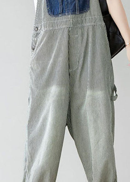 Simple Grey Pockets Patchwork Striped Jumpsuits Spring