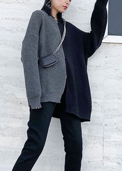 Simple Grey Side Open Zip Up Patchwork Knit Sweater Spring