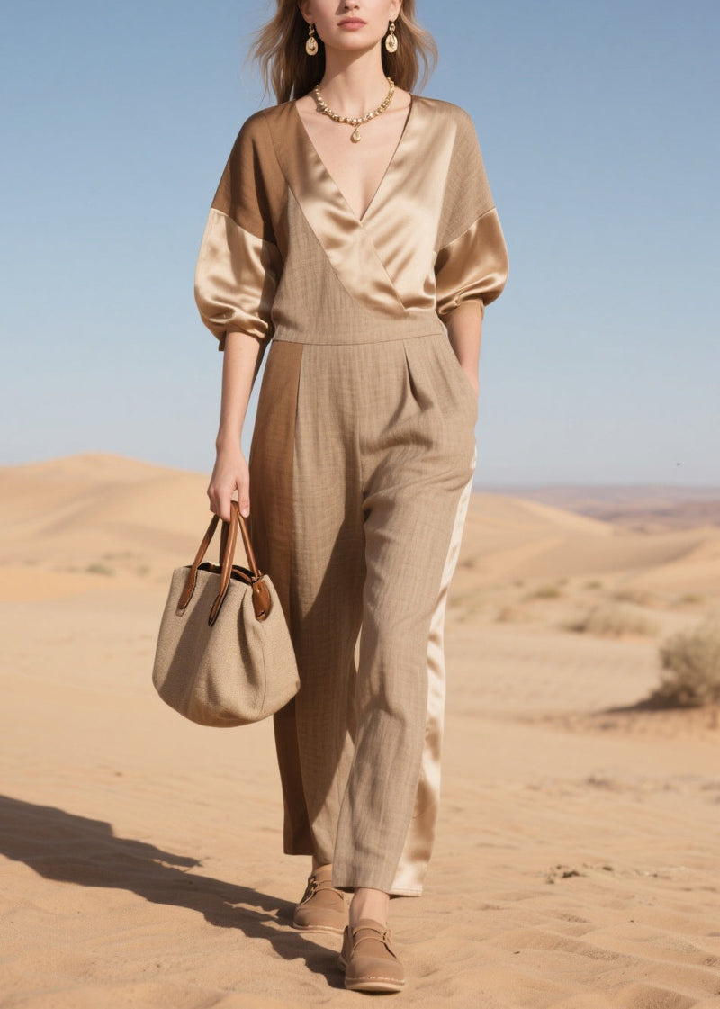 Simple Khaki Asymmetrical Patchwork Linen Silk Jumpsuit Summer