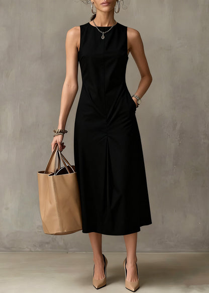 Simple Light Blue Pockets Cotton Long Dresses Sleeveless