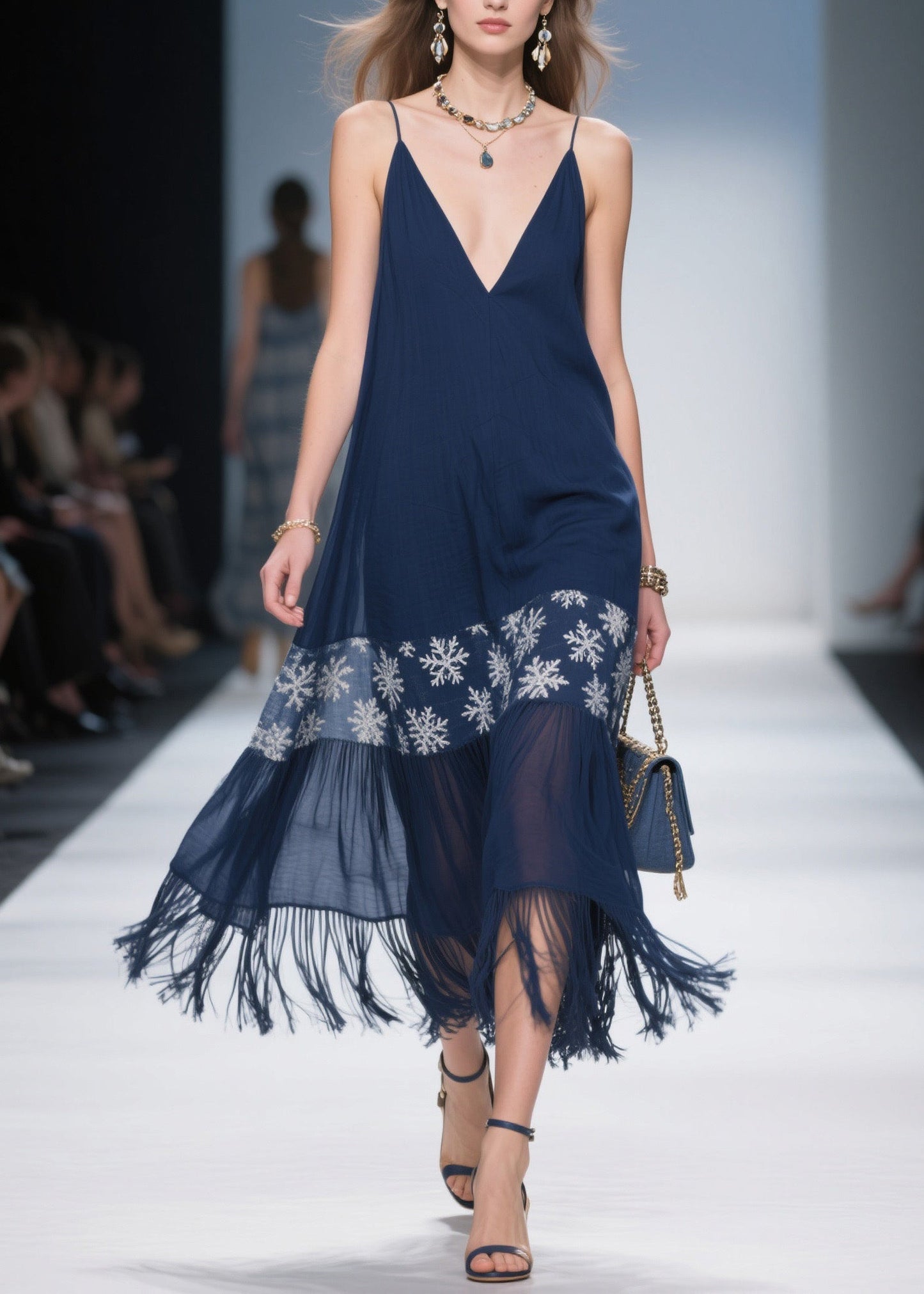 Simple Navy Tassel Cotton Spaghetti Strap Dress Summer