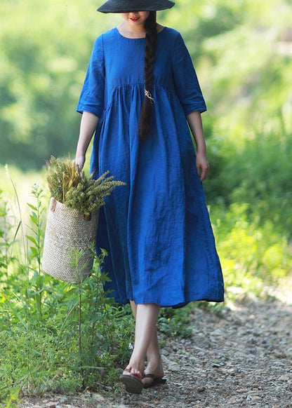 Simple O Neck Patchwork Summer Tunic Blue Dress