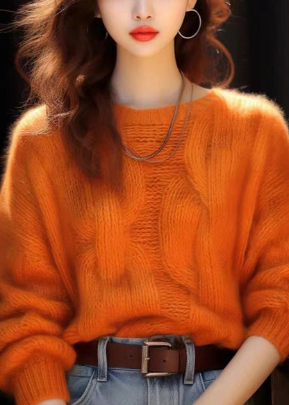 Simple Orange O Neck Cozy Knit Sweaters Spring