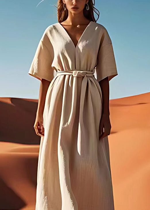 Simple Beige V Neck Tie Waist Linen Dresses Summer