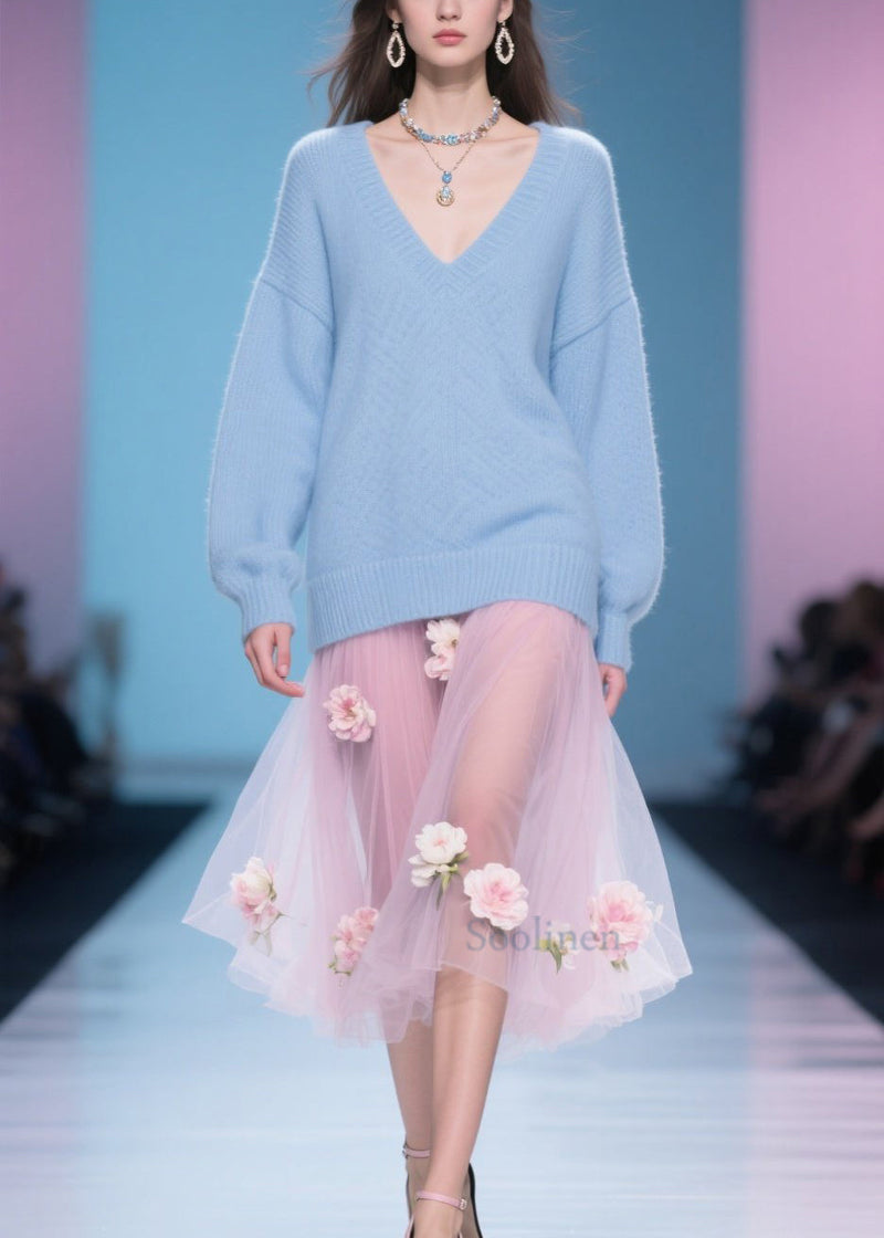 Simple Blue V Neck Knit Sweaters Winter