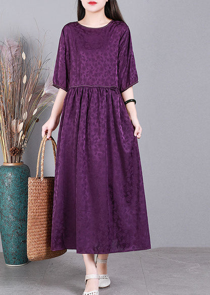 Simple Purple O-neck Patchwork Wrinkled Jacquard Silk Maxi Dress Short Sleeve