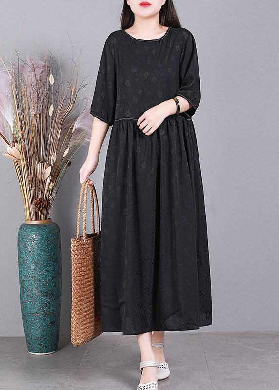 Simple Purple O-neck Patchwork Wrinkled Jacquard Silk Maxi Dress Short Sleeve