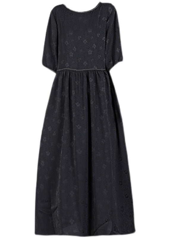 Simple Purple O-neck Patchwork Wrinkled Jacquard Silk Maxi Dress Short Sleeve