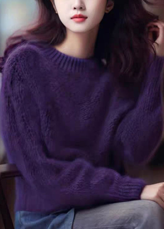 Simple Purple Cozy Cotton Knit Top Long Sleeve