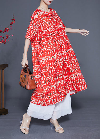 Simple Red O-neck Ruffled Print Silk Holiday Dress Summer