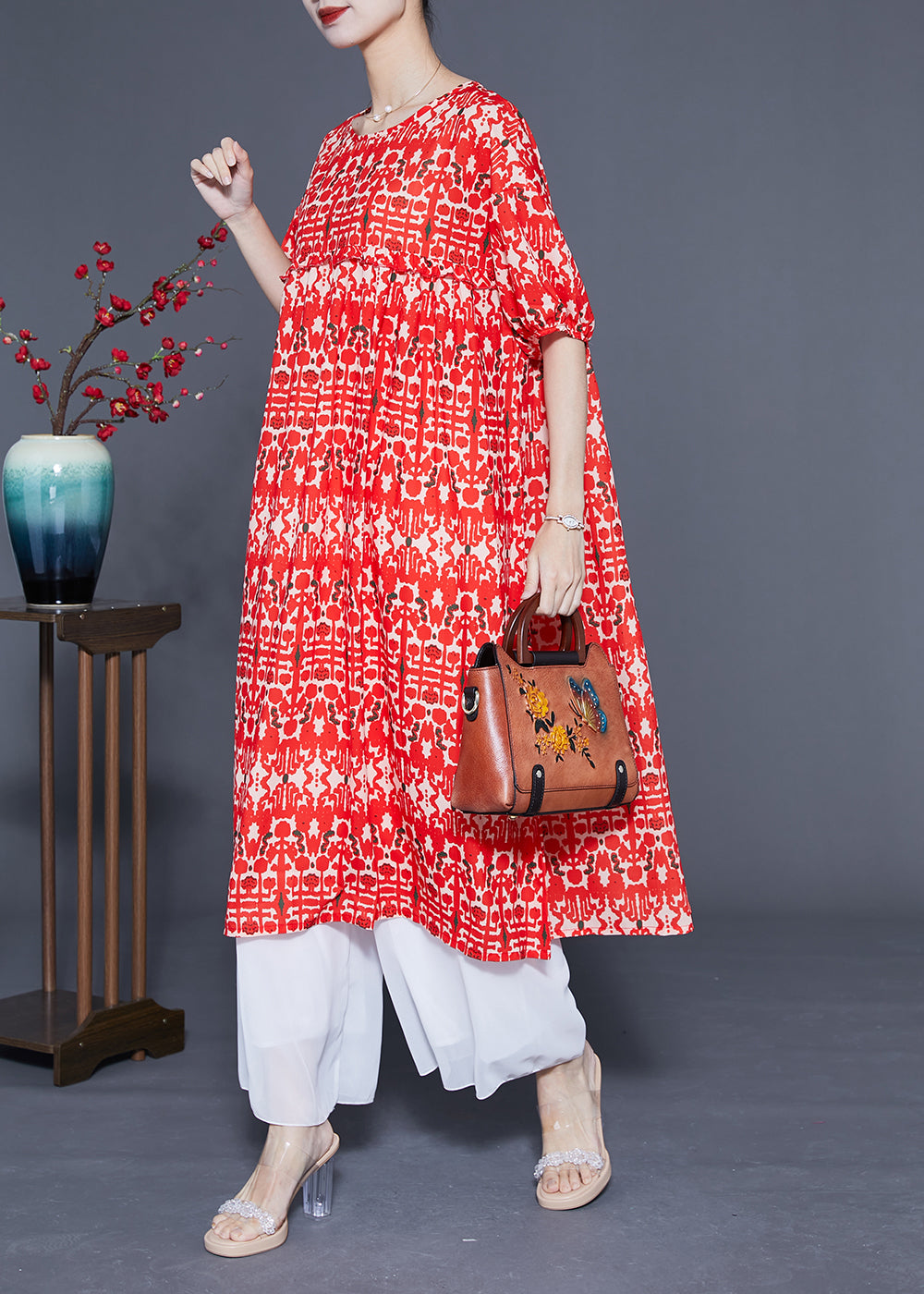 Simple Red O-neck Ruffled Print Silk Holiday Dress Summer