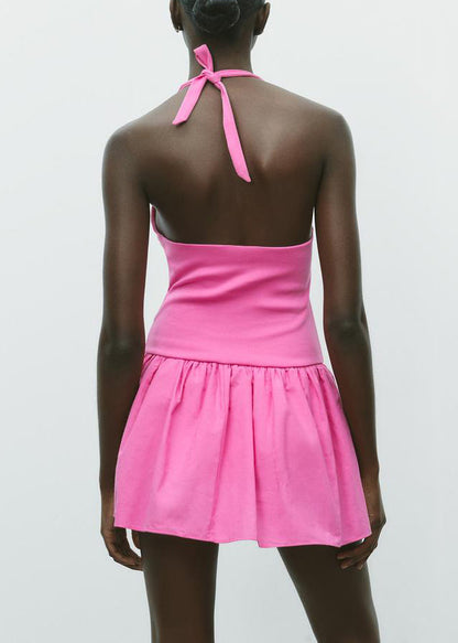 Simple Rose V Neck Lace Up Cotton Mini Dresses Sleeveless