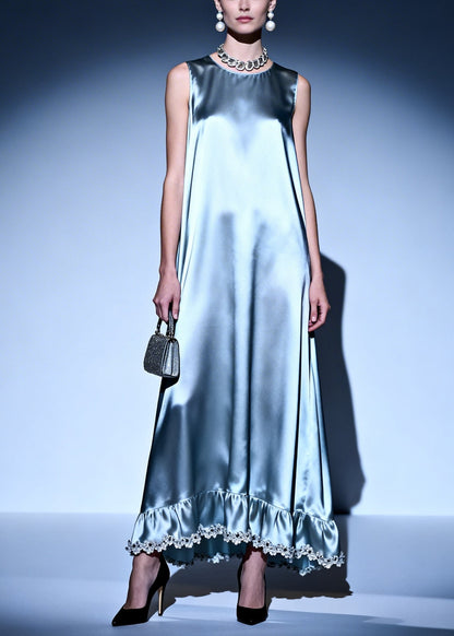 Simple Silvery Oversized Lace Patchwork Silk Ankle Dress Sleeveless