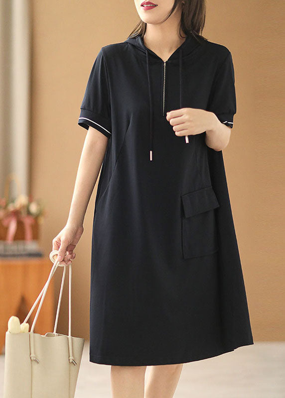 Simple Navy Zippered Drawstring Hooded Pocket Cotton Sweatshirt Dress Short Sleeve