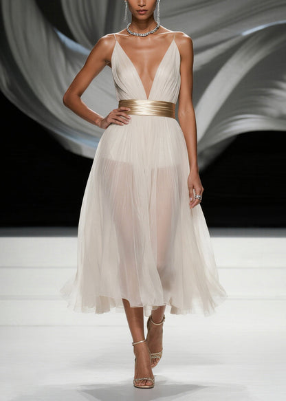 Simple White Deep-v Neck Tulle Tunic Beach Dress Summer