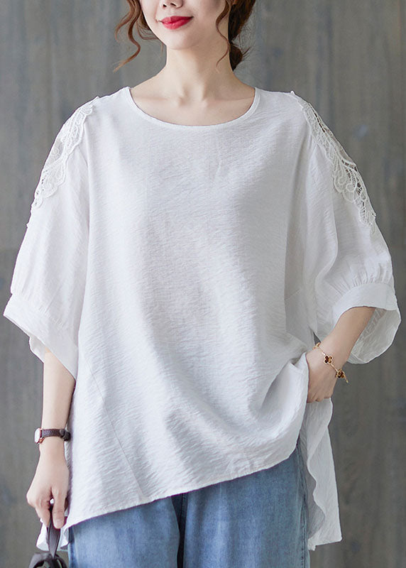 Simple White O-neck Asymmetrical Patchwork Cotton T Shirt Summer