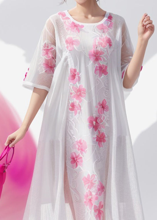 Simple White O Neck Print Silk Dress Summer