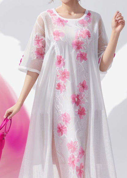 Simple White O Neck Print Silk Dress Summer