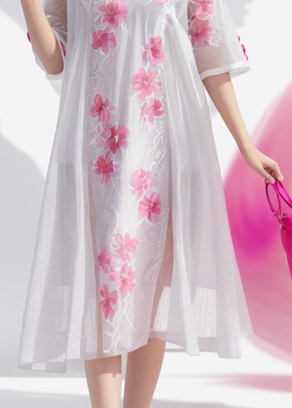 Simple White O Neck Print Silk Dress Summer
