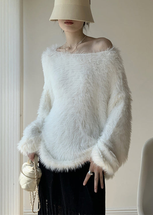 Simple White O-neck Mink Velvet Knit Sweater Spring