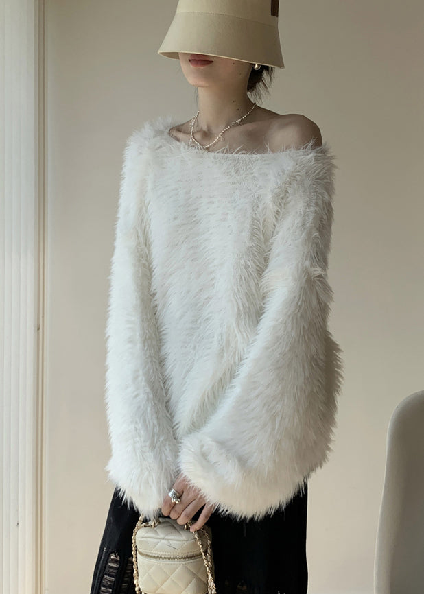 Simple White O-neck Mink Velvet Knit Sweater Spring