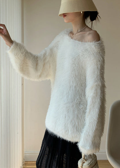 Simple White O-neck Mink Velvet Knit Sweater Spring