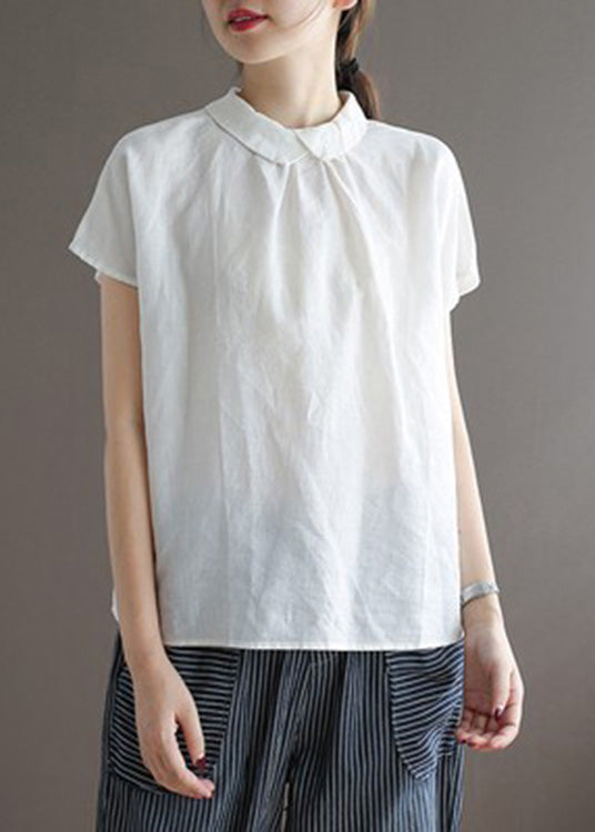 Simple White Peter Pan Collar Button Ramie Top Short Sleeve