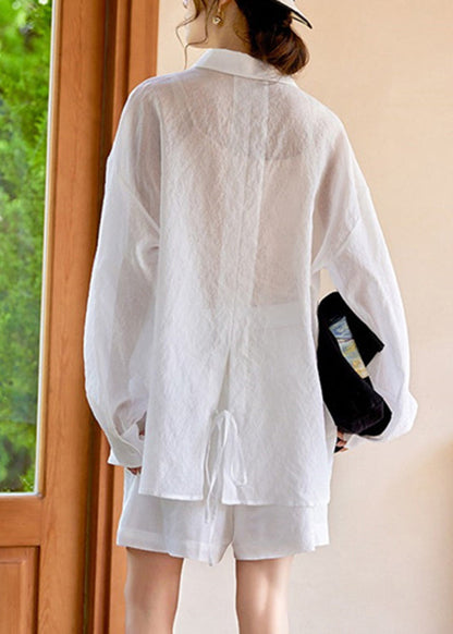 Simple White Pockets Shirts and Shorts Two Piece Suit Set Long Sleeve