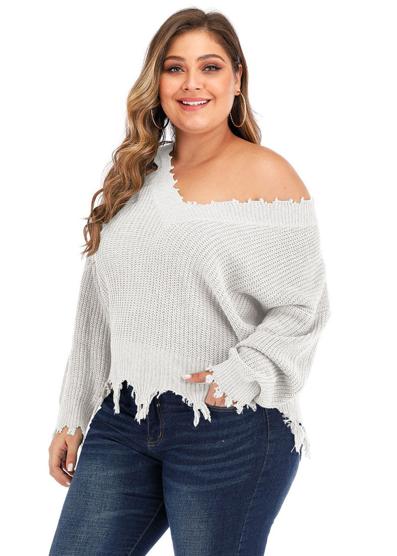 Simple White V Neck Thin Hole Knit Sweater Long Sleeve