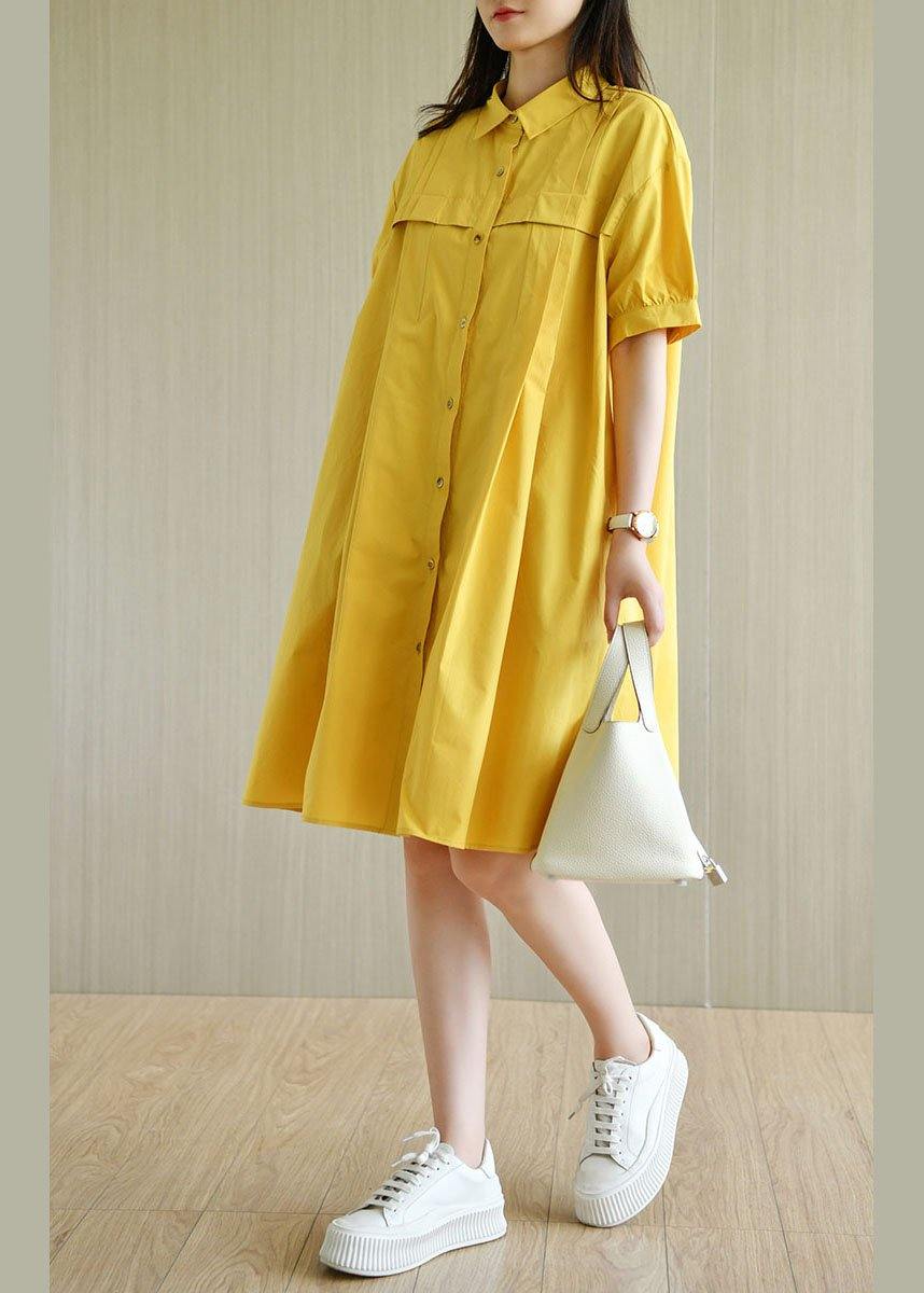 Simple Yellow Loose Peterpan Collar Button Summer Cotton Dresses
