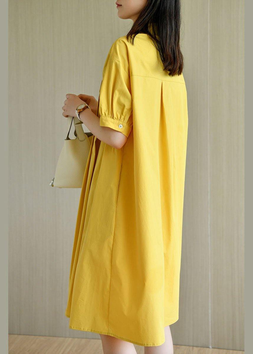 Simple Yellow Loose Peterpan Collar Button Summer Cotton Dresses
