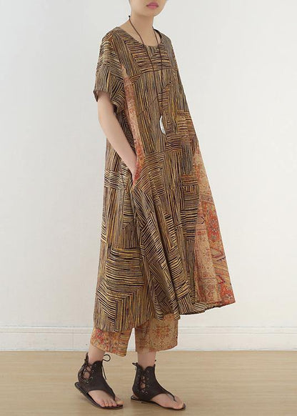 Simple Khaki Two Pieces Linen Long Shirts Elastic Waist Straight Pants