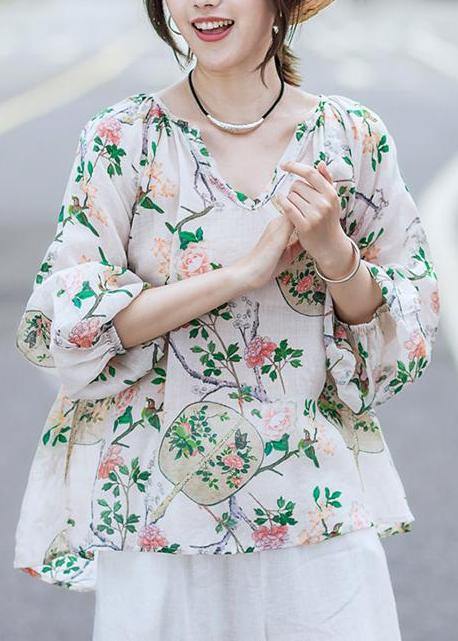 Simple Linen Box Top Print Cotton Linen V-neck Lantern Sleeve Blouse