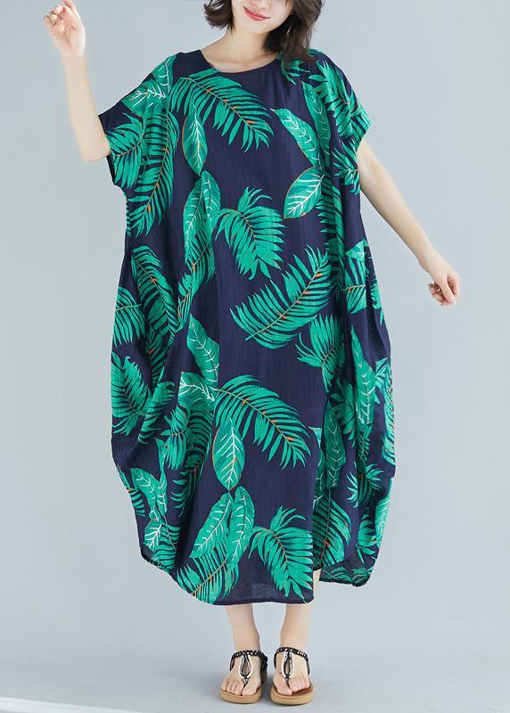 Simple O Neck Pockets Linen Cotton Quilting Clothes Runway Blue Print Dress Summer