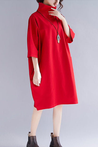 Simple Red Knit Clothes Metropolitan Museum Sleeve High Neck Half Sleeve Oversized Spring Dresses
