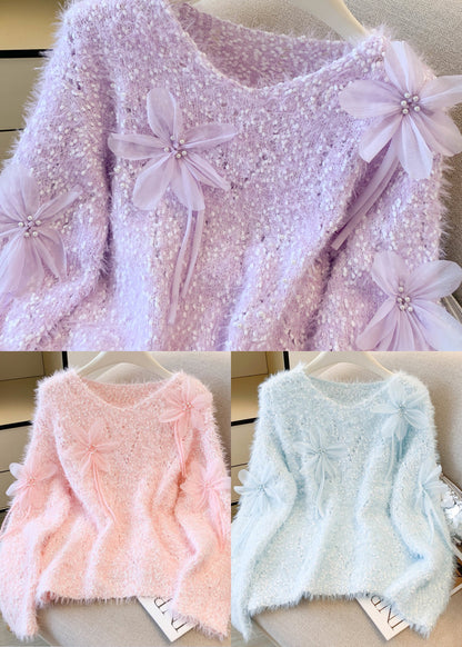 Sky Blue Decorated Sweaters Oversized Nail Bead Winter