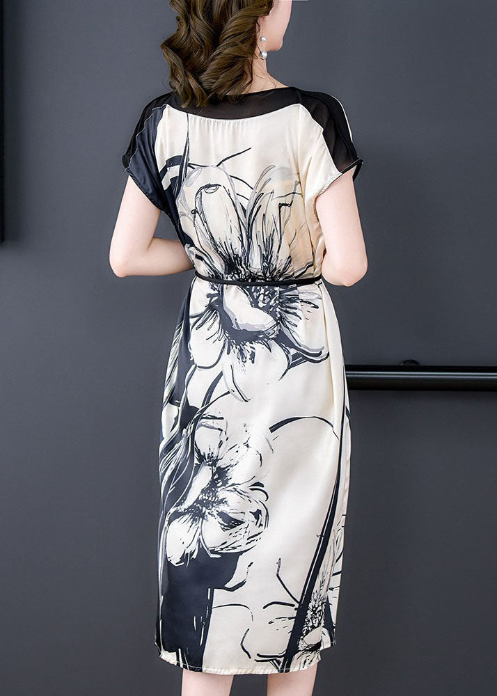 Slim Fit Apricot Slash Neck Tie Dye Sashes Chiffon Vacation Dresses Short Sleeve