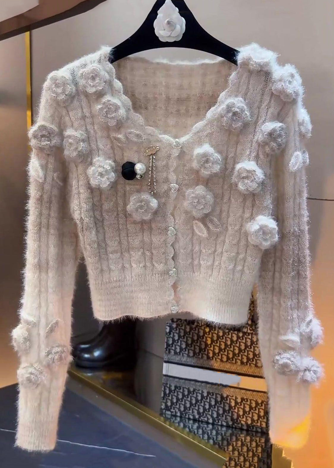 Slim Fit Beige Button Patchwork Knit Sweaters Winter