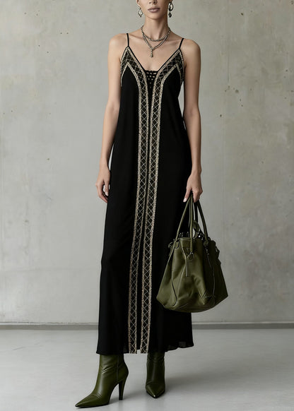 Slim Fit Black Backless Plaid Spaghetti Strap Dress Sleeveless