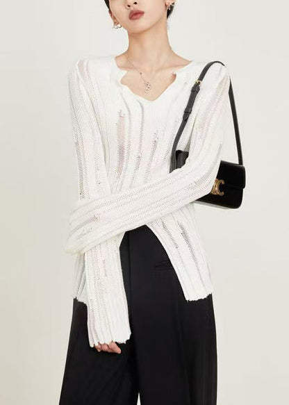 Slim Fit Black Hollow Out Front Open Knit Sweaters Spring