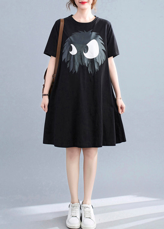 Slim Fit Black O-neck Appliques A-line Dresses Short Sleeve