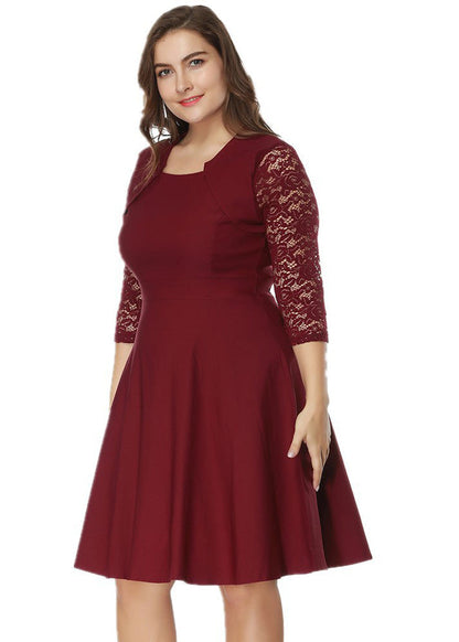 Slim Fit Black O-neck Lace Patchwork Cotton Mid Dresses Bracelet Sleeve